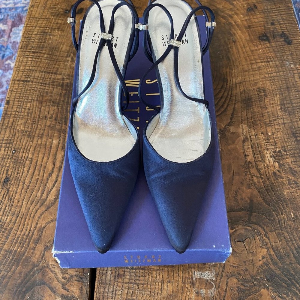 Stuart Weitzman 5 1/2'' Blue Satin Sling Back Straps with Bling
